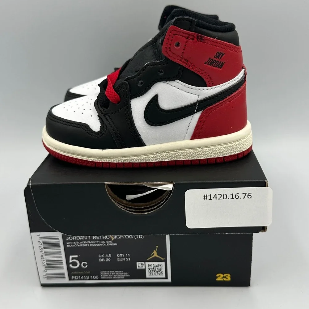 [FD1413-106]‎ Air Jordan 1 Retro High OG Toddler 'Black Toe Reimagined' *NEW* 5C